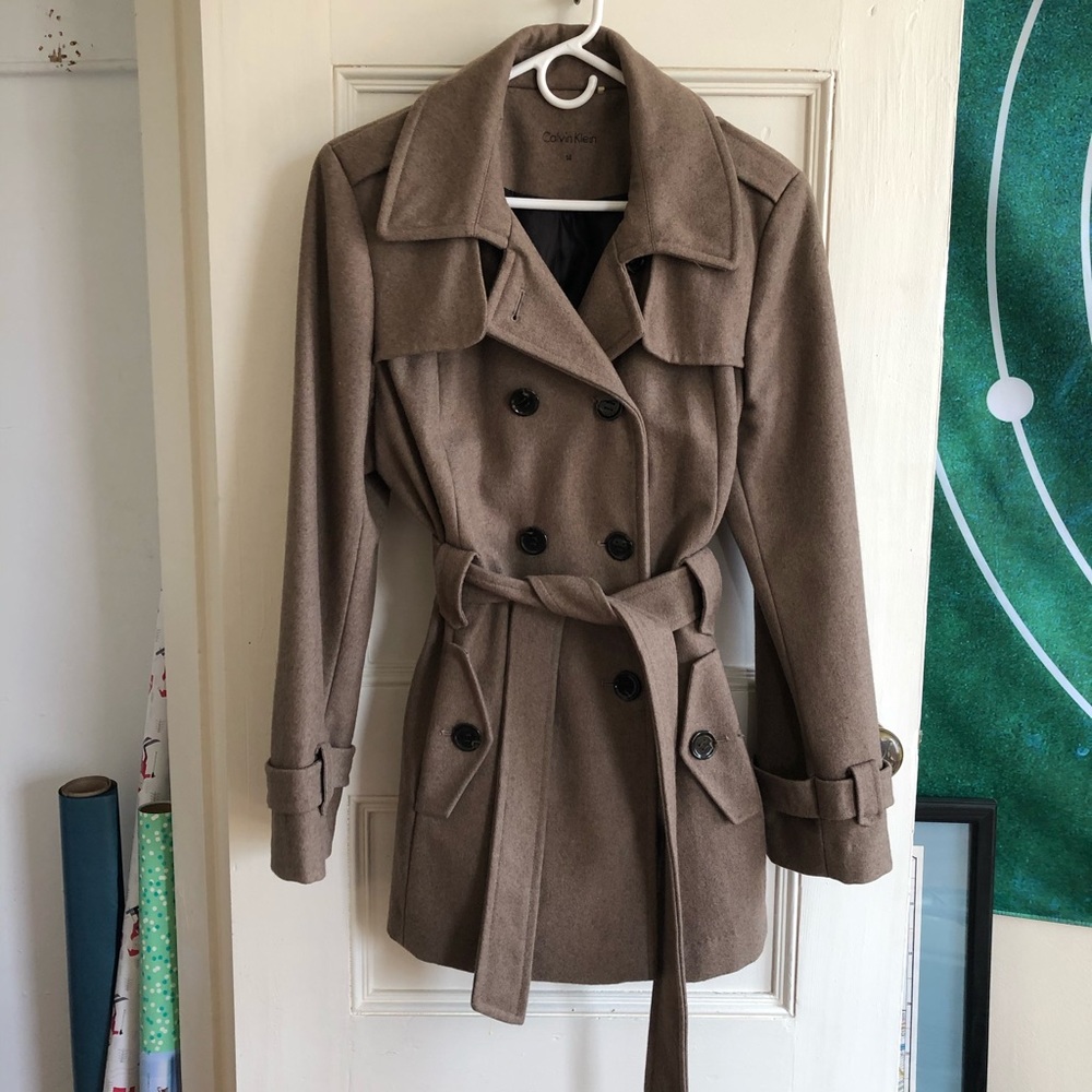 Calvin Klein Double-Breasted Wool Coat in Oatmeal